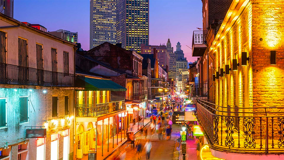 Pubs and bars with neon lights in the French Quarter of New Orleans