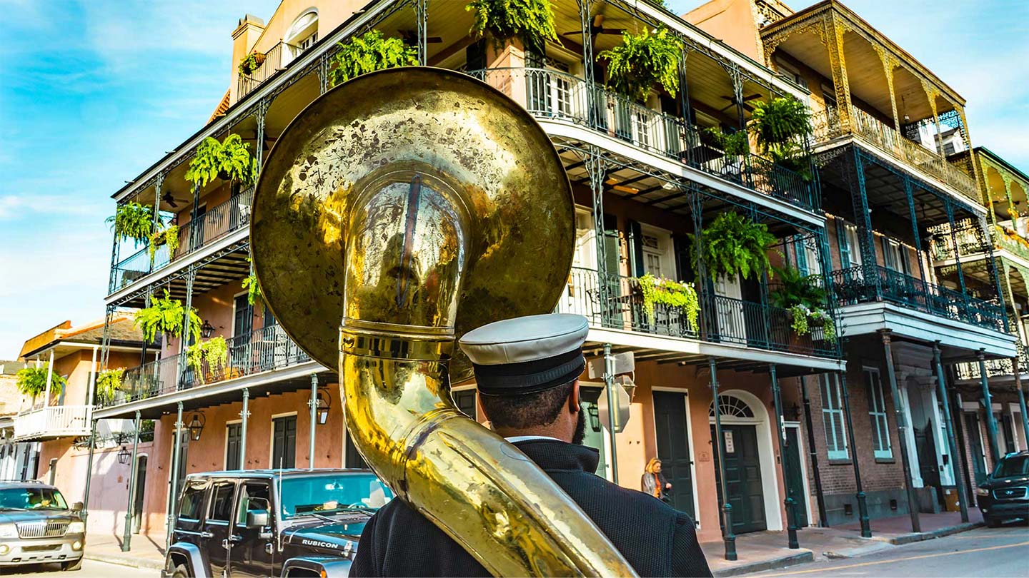Man playing sousaphone in the streets of New Orleans