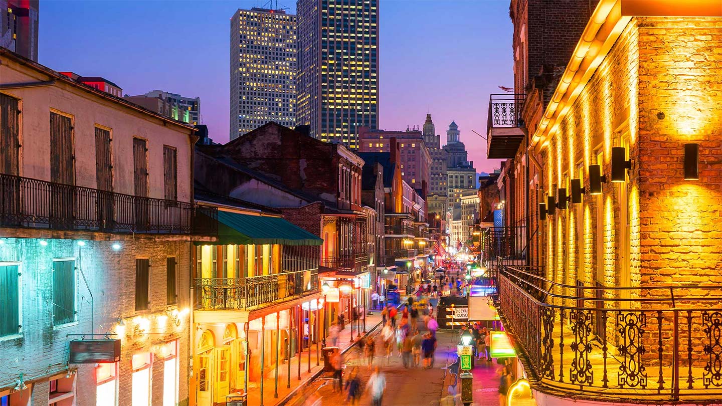 Pubs and bars with neon lights in the French Quarter of New Orleans