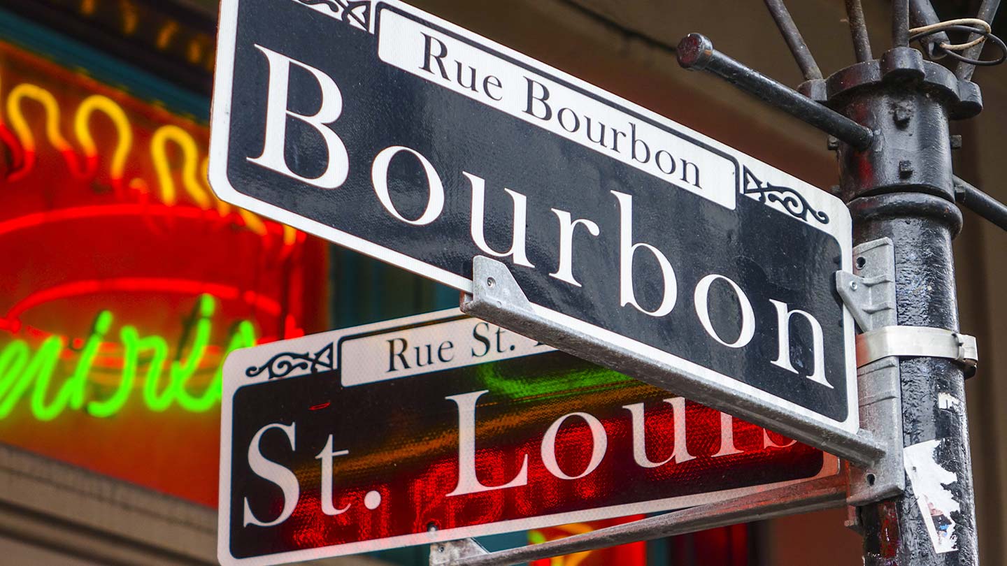 Street signs at the intersection of Bourbon Street and St. Louis Street